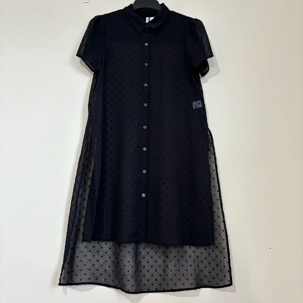 Elle black sheer button up high low short sleeve relaxed long shirt duster Small